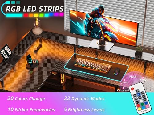Black Carbon Fiber L Shaped Gaming Desk with Power Outlet and LED Lights C876