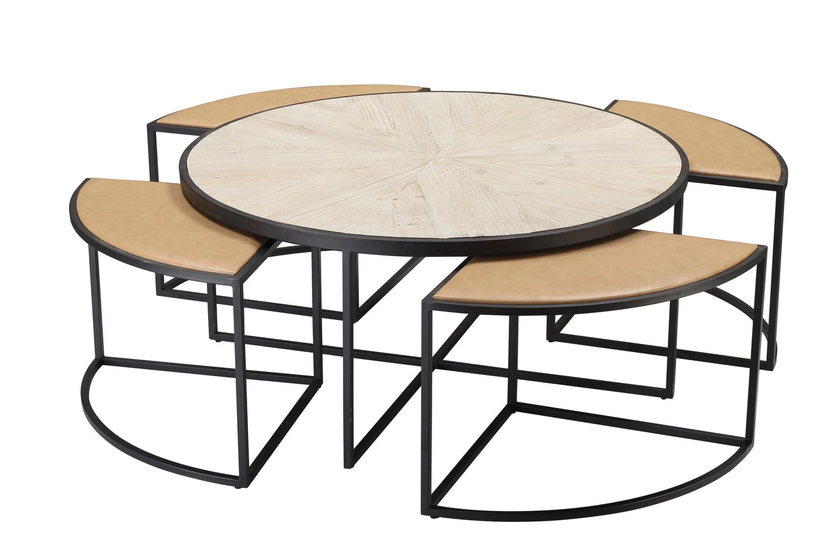 Black Round Coffee Table with 4 Nesting Stools G74040