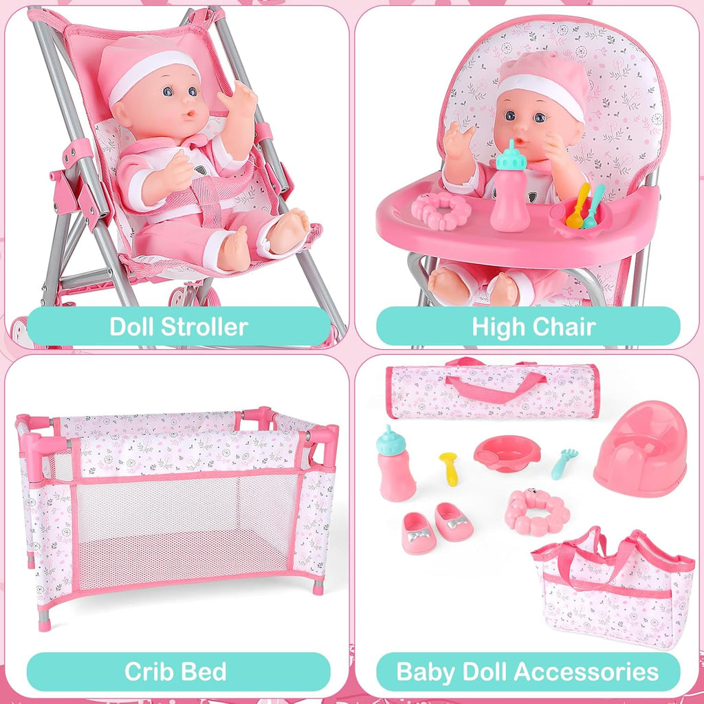 Baby Doll Stroller Crib Bed Nursery Role Play Set with Play Mat, Travel Cot, Bouncer, Foldable Stroller and Travel Bag G771