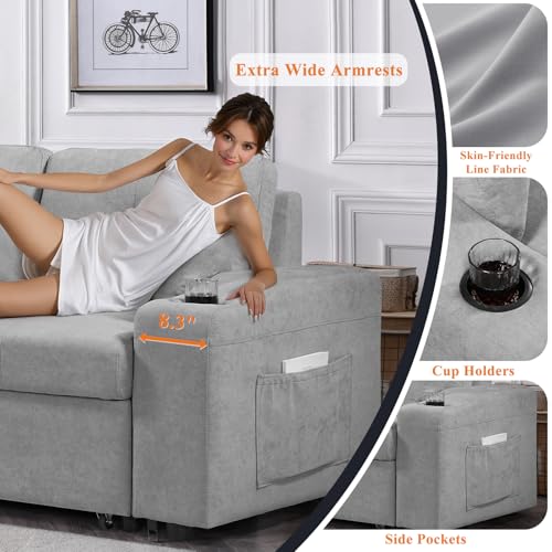 92" Reversible Sleeper Sectional Sofa with Storage Chaise, Light Gray Linen Fabric W3960