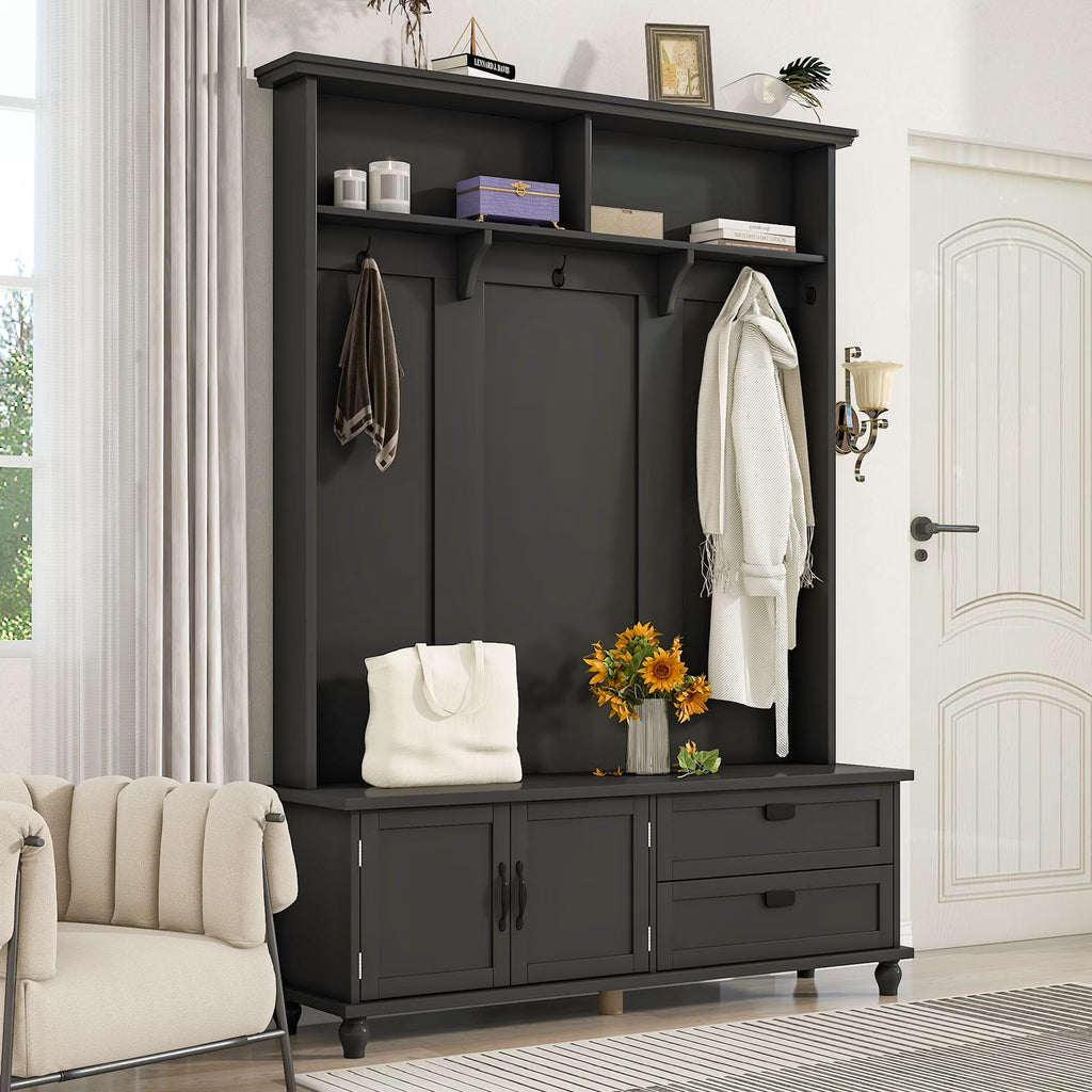 Hall Tree with Bench and Shoe Storage, Coat Rack, 2 Drawers and Shelves, 5 Hooks (Black) Y31897