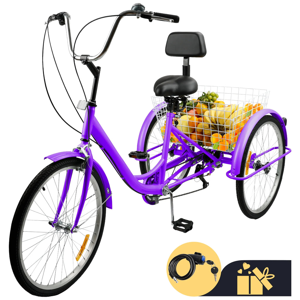 24 Purple 7-Speed Adult Tricycle with Seat and Rear Basket I606772