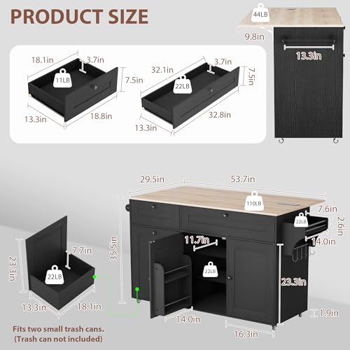 Rolling Kitchen Island with Trash Can Storage Cabinet, Power Outlet, Drop Leaf, Spice Rack, and Drawers, Black W124