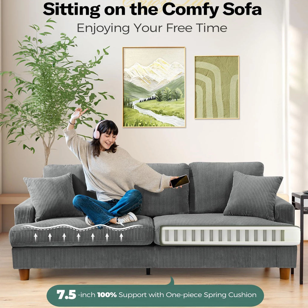 Gray Corduroy 3 Seater Sofa with 2 Pillows R241796