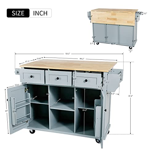 Large Kitchen Island with 2 Drop Leaf, Rolling Kitchen Cart on 5 Wheels with Power Outlet, Folding Storage Dining Table with Spice & Towel Rack, 3 Drawers K771675