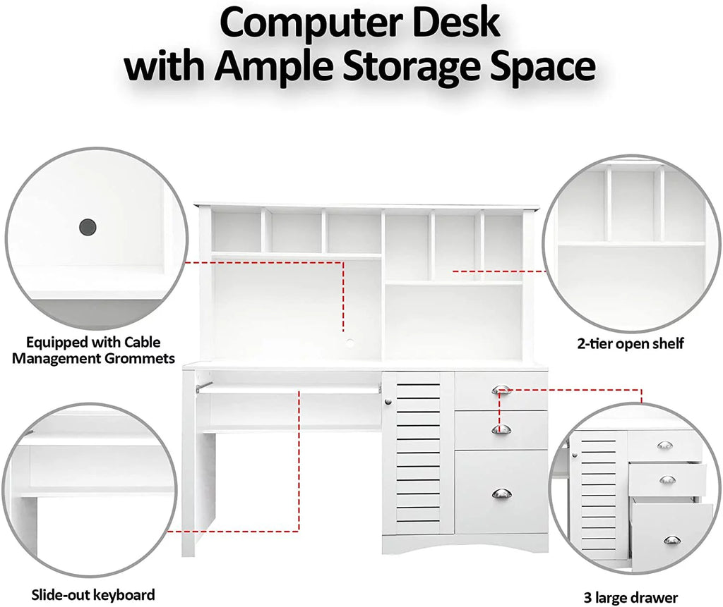 Antiqued White Computer Desk With Hutch And Keyboard Drawer E800865