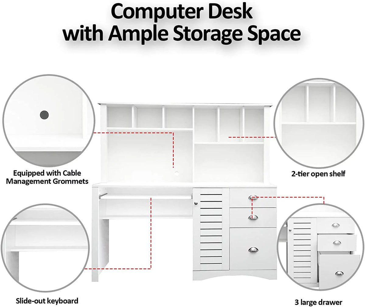Antiqued White Computer Desk With Hutch And Keyboard Drawer E800865