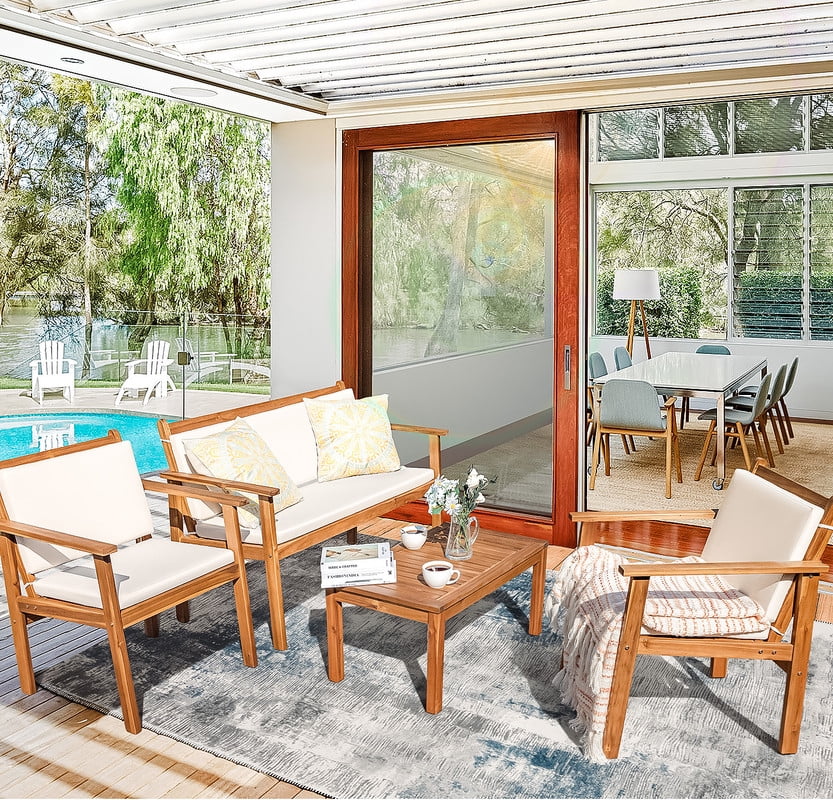 4 Pc Acacia Patio Furniture Set with Cushion and Table N236017