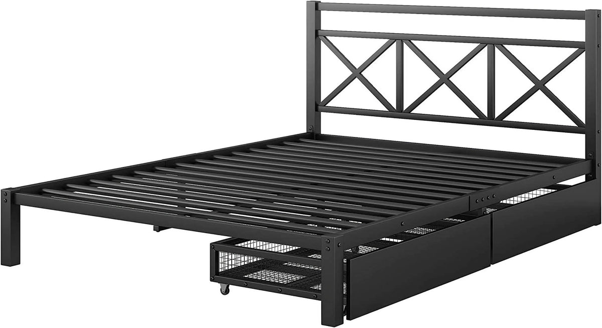 Queen Size Metal Platform Bed with 2 Side Drawers and Headboard R611094