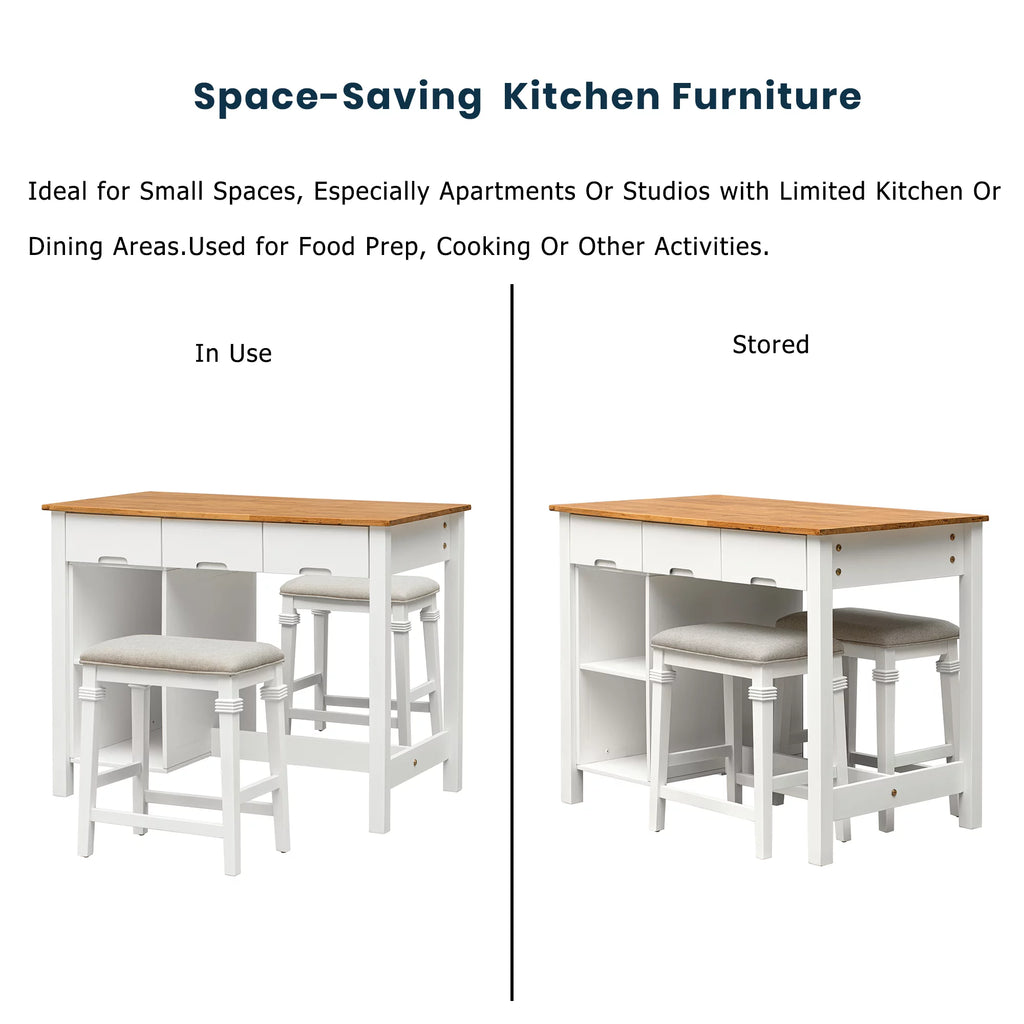 White 3-piece Rubber Wood Kitchen Island Set with 2 Seats R239573