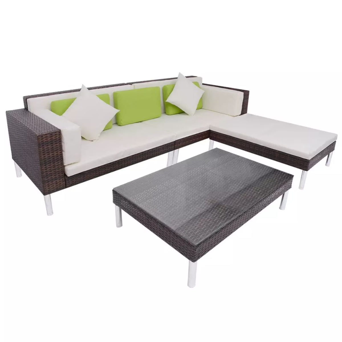 4 Piece Outdoor Conversation Set Cushioned Corner Sofa with Ottoman and Coffee Table Sectional Sofa Set Brown Poly Rattan L406315