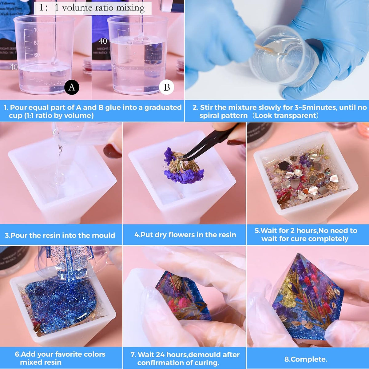 600ml Epoxy Resin Kit with Molds, Dried Flower, Gloves, Measuring Cup, Wooden Sticks I12446
