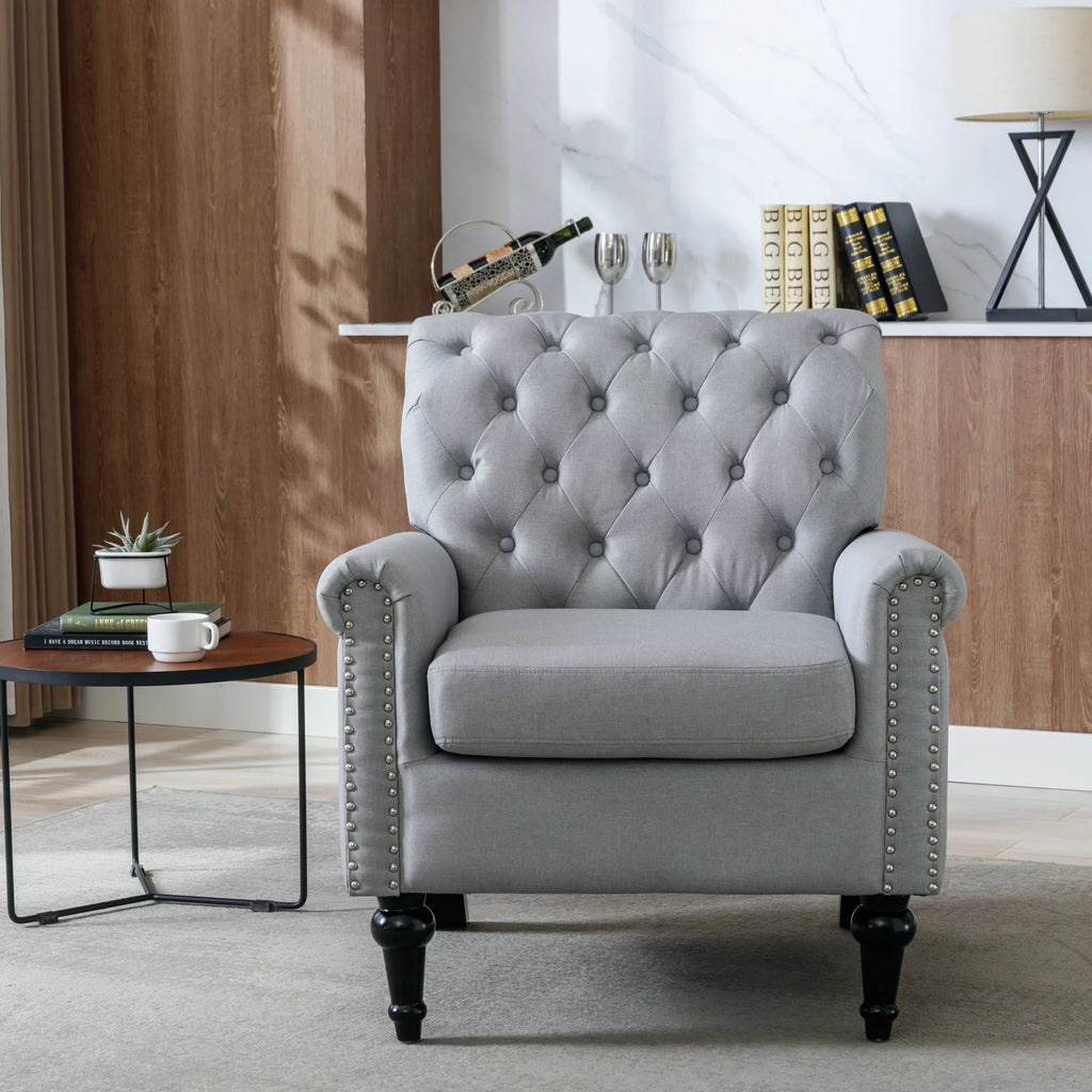 Light Gray Linen Fabric Accent Chair with Button Tufted Back T674