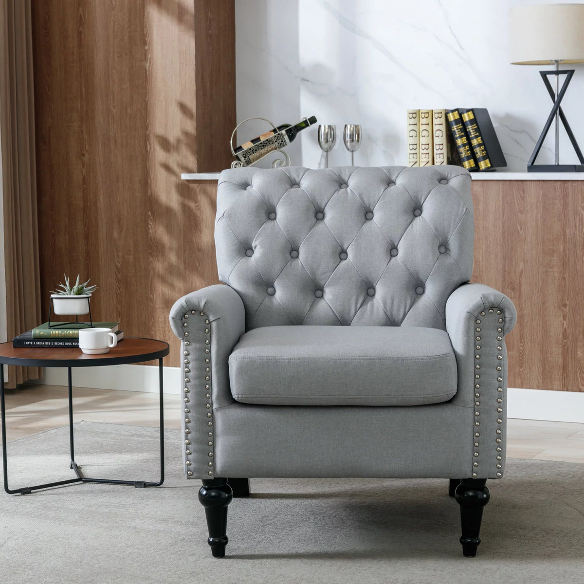 Light Gray Linen Fabric Accent Chair with Button Tufted Back T674