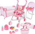 Baby Doll Stroller Crib Bed Nursery Role Play Set with Play Mat, Travel Cot, Bouncer, Foldable Stroller and Travel Bag G771