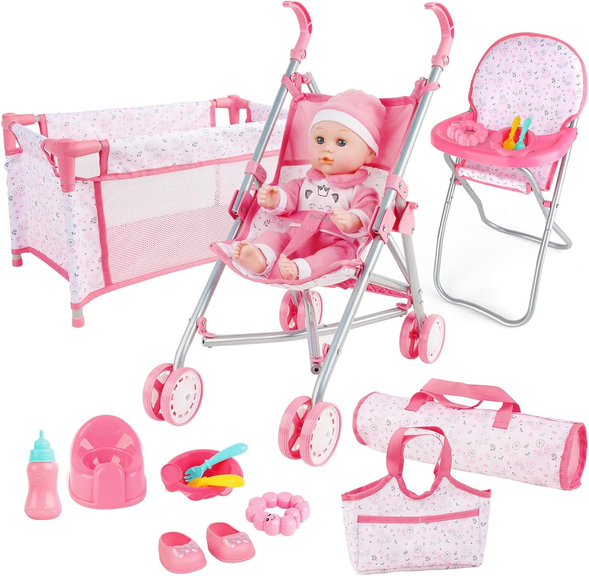 Baby Doll Stroller Crib Bed Nursery Role Play Set with Play Mat, Travel Cot, Bouncer, Foldable Stroller and Travel Bag G771