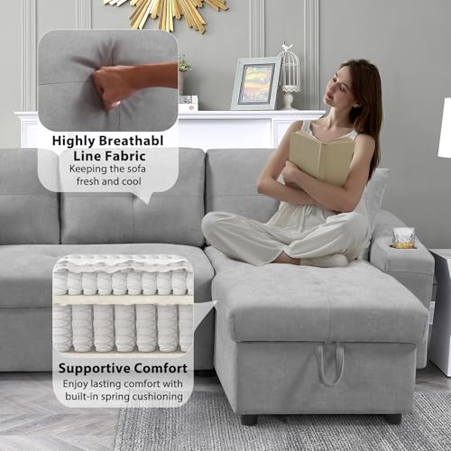 92" Reversible Sleeper Sectional Sofa with Storage Chaise, Light Gray Linen Fabric W3960