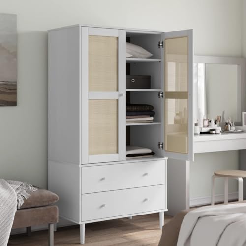 White Solid Pine Wood Wardrobe with Rattan Look Design Y7525
