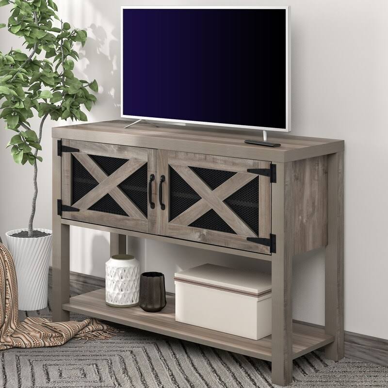 44x22 Grey Wood Metal TV Stand with Storage Cabinets and Shelves D603