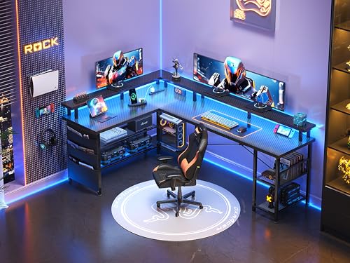 Black Carbon Fiber L Shaped Gaming Desk with Power Outlet and LED Lights C876
