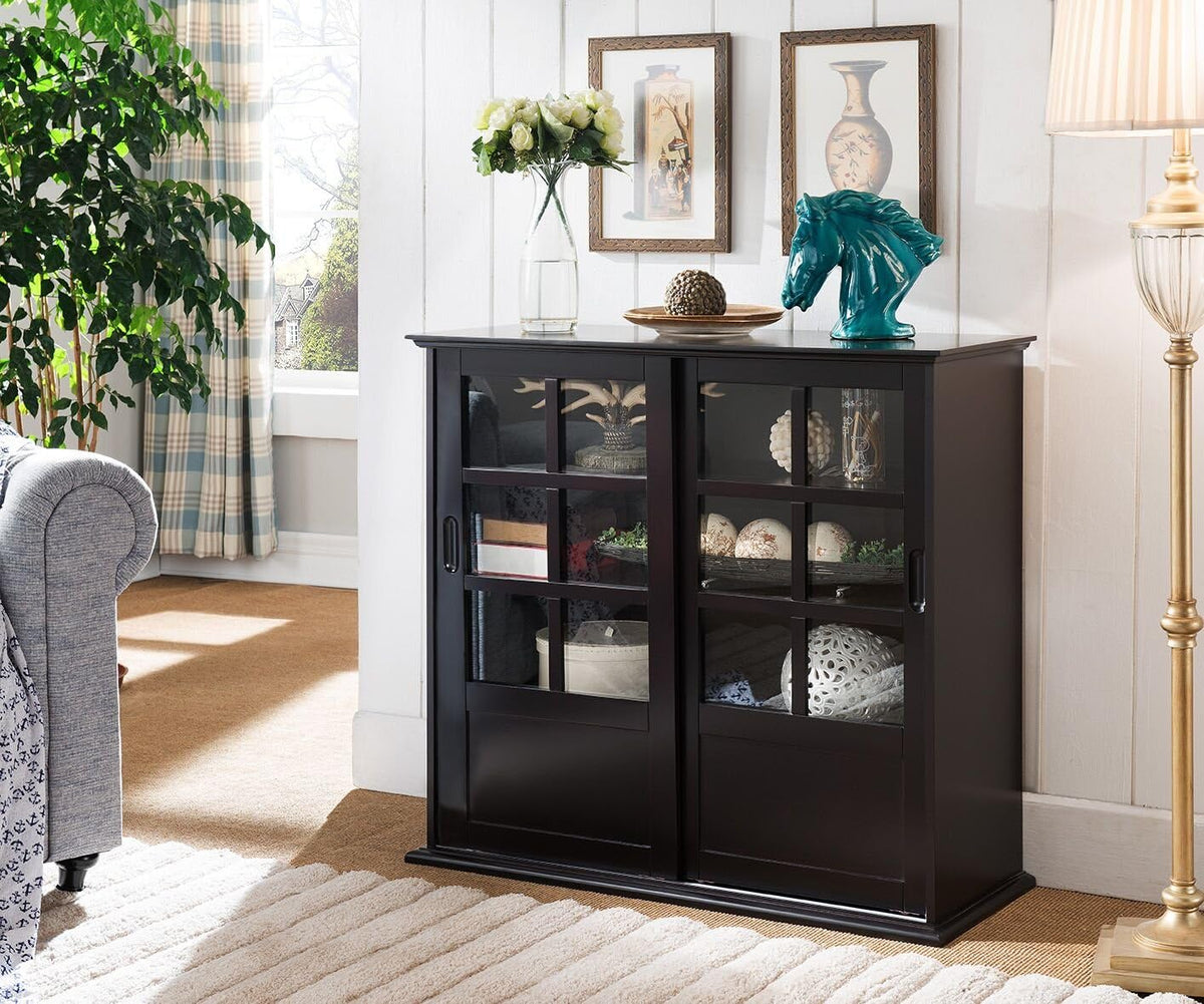 Espresso Wood Curio Cabinet with Glass Sliding Doors S652