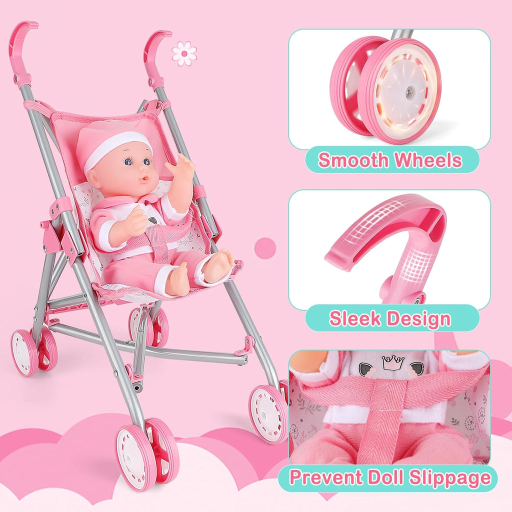 Baby Doll Stroller Crib Bed Nursery Role Play Set with Play Mat, Travel Cot, Bouncer, Foldable Stroller and Travel Bag G771