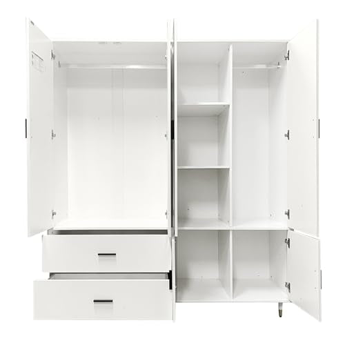 White 4 Door 2 Drawer Wood Armoire Wardrobe with Mirror K20255