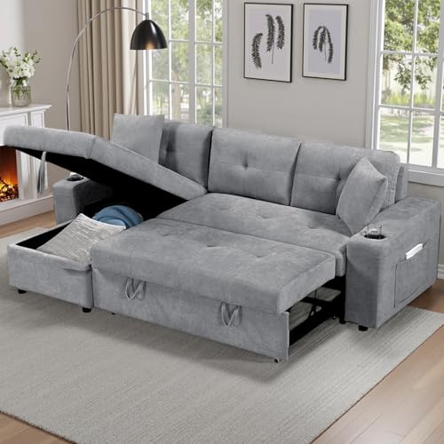 92" Reversible Sleeper Sectional Sofa with Storage Chaise, Light Gray Linen Fabric W3960