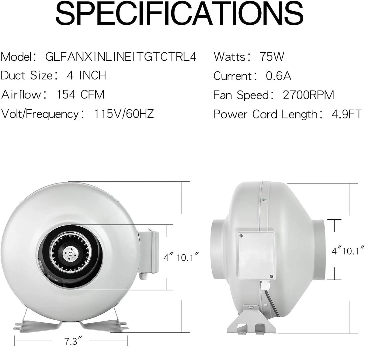 4 Inch 154 CFM Inline Ventilation Fan with Carbon Filter and Ducting K7292