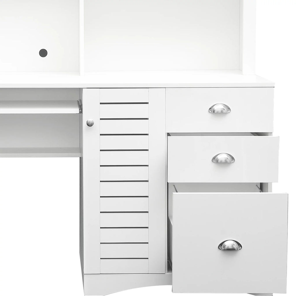 Antiqued White Computer Desk With Hutch And Keyboard Drawer E800865