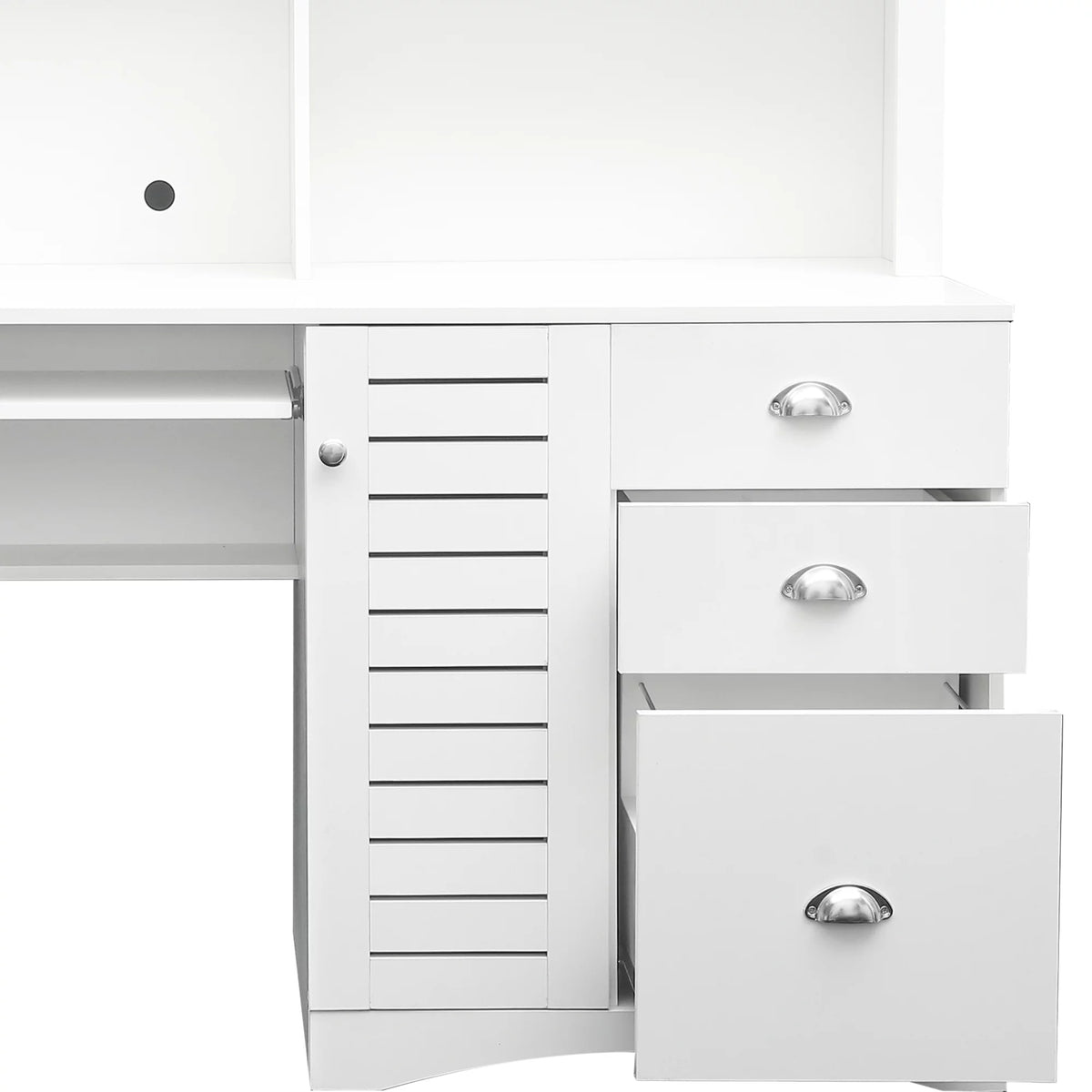 Antiqued White Computer Desk With Hutch And Keyboard Drawer E800865
