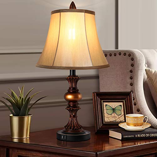Bronze Table Lamp Set of 2 with Faux Silk Shade Q30917
