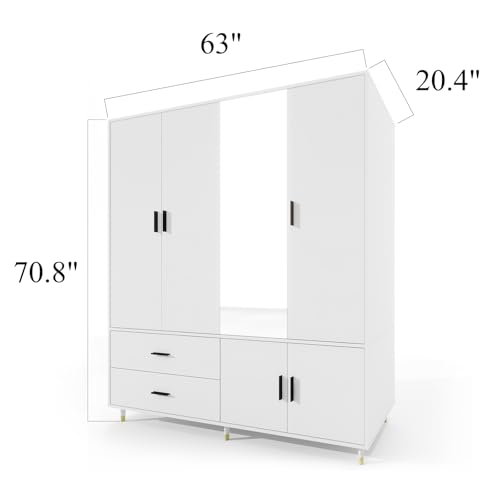 White 4 Door 2 Drawer Wood Armoire Wardrobe with Mirror K20255