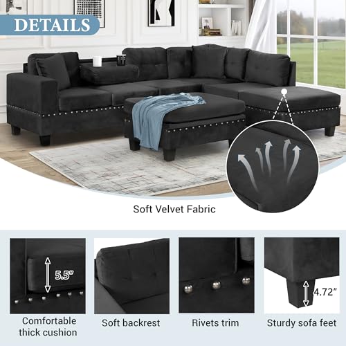 Modern L Shaped Polyester Sectional Sofa with Storage Ottoman V987221