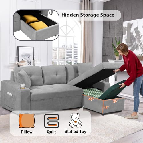 92" Reversible Sleeper Sectional Sofa with Storage Chaise, Light Gray Linen Fabric W3960