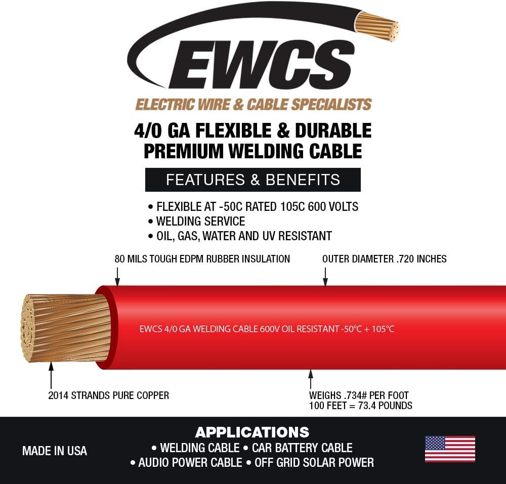 25 Feet Red 100% Copper Welding Cable 600 Volt U8925