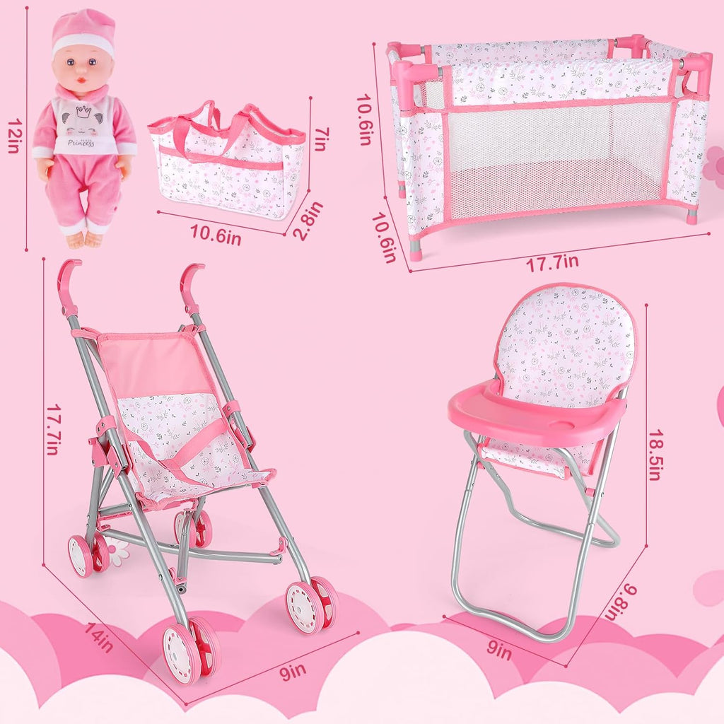 Baby Doll Stroller Crib Bed Nursery Role Play Set with Play Mat, Travel Cot, Bouncer, Foldable Stroller and Travel Bag G771
