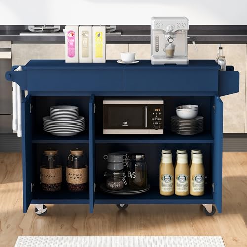 Large Kitchen Island with 2 Drop Leaf, Rolling Kitchen Cart on 5 Wheels with Power Outlet, Folding Storage Dining Table with Spice & Towel Rack, 3 Drawers K771675