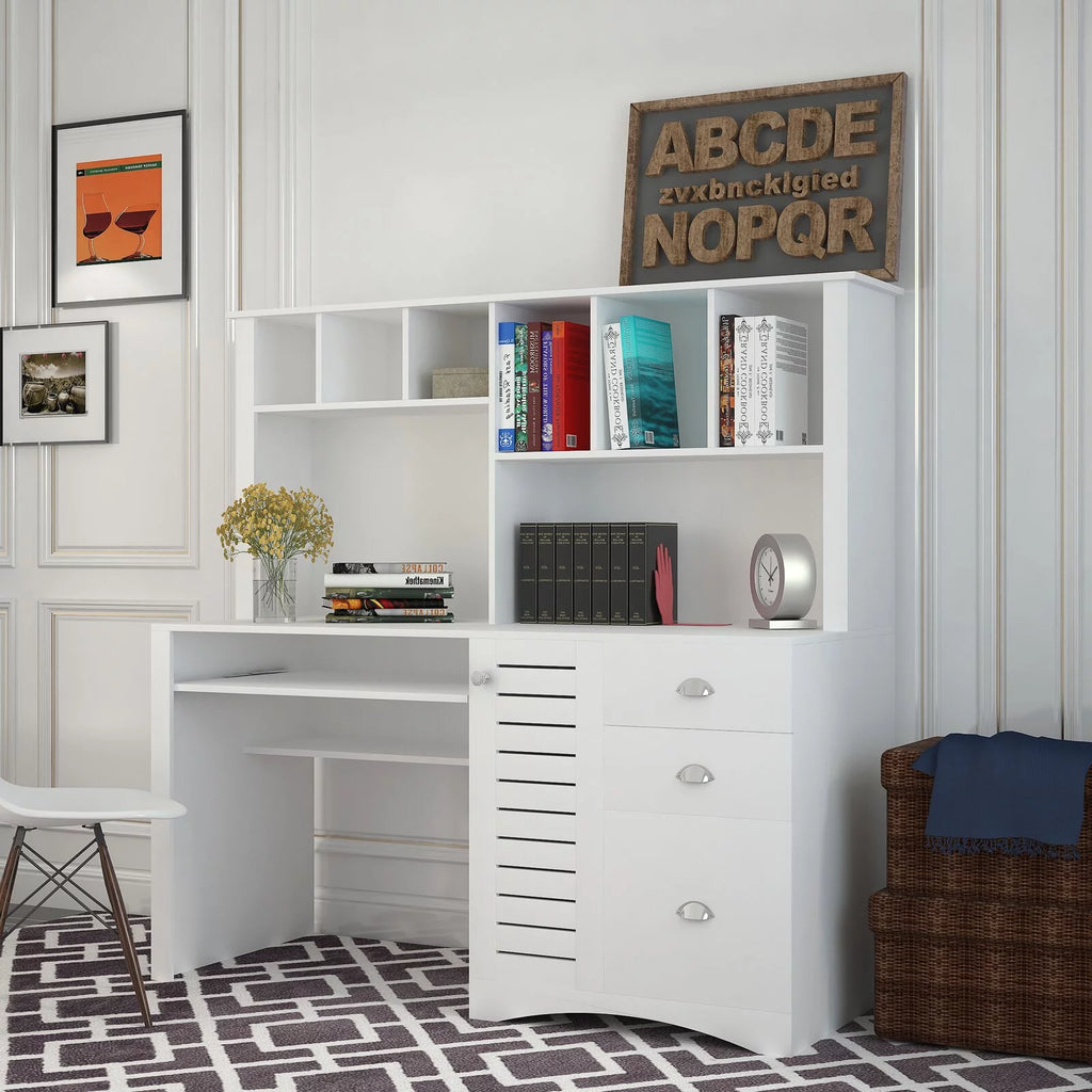 Antiqued White Computer Desk With Hutch And Keyboard Drawer E800865