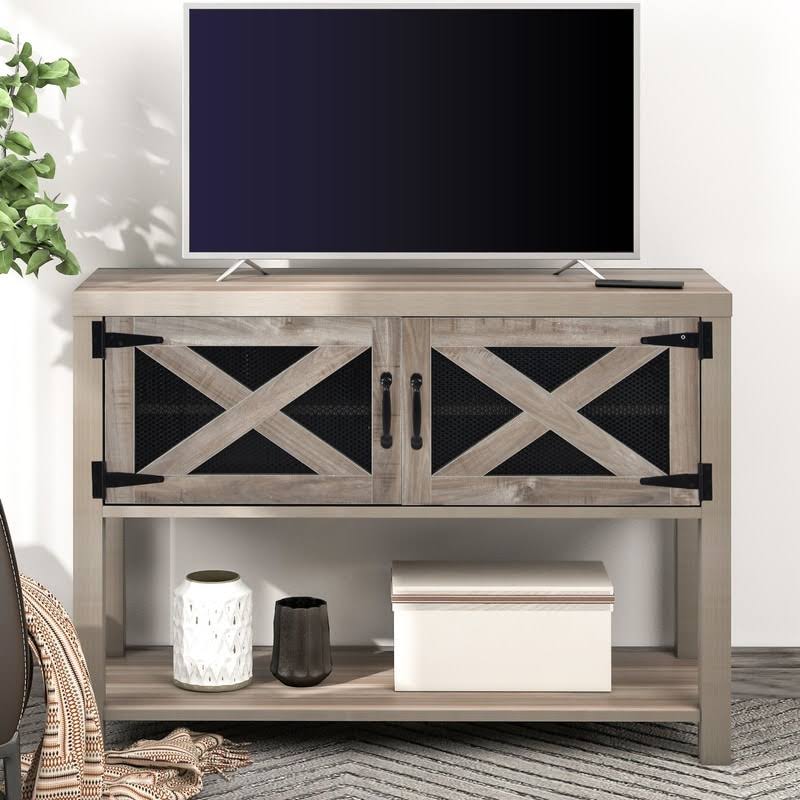 44x22 Grey Wood Metal TV Stand with Storage Cabinets and Shelves D603