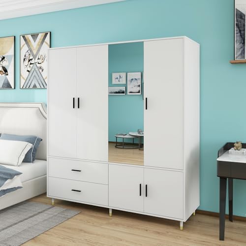 White 4 Door 2 Drawer Wood Armoire Wardrobe with Mirror K20255