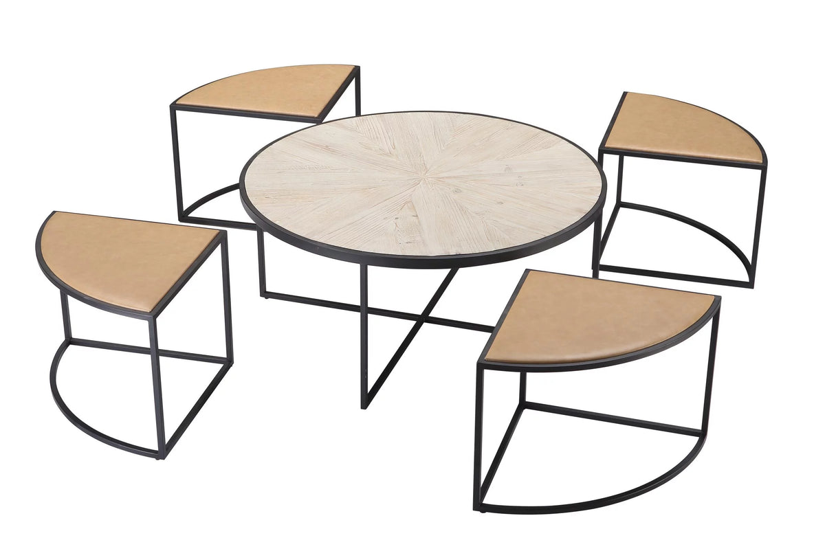 Black Round Coffee Table with 4 Nesting Stools G74040