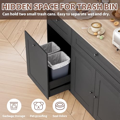 Rolling Kitchen Island with Trash Can Storage Cabinet, Power Outlet, Drop Leaf, Spice Rack, and Drawers, Black W124