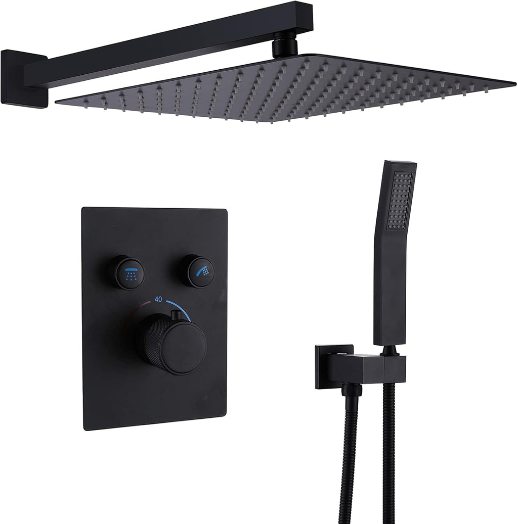 Matte Black 12 Inches Thermostatic Rain Shower Head Kit with Handheld Spray K7725
