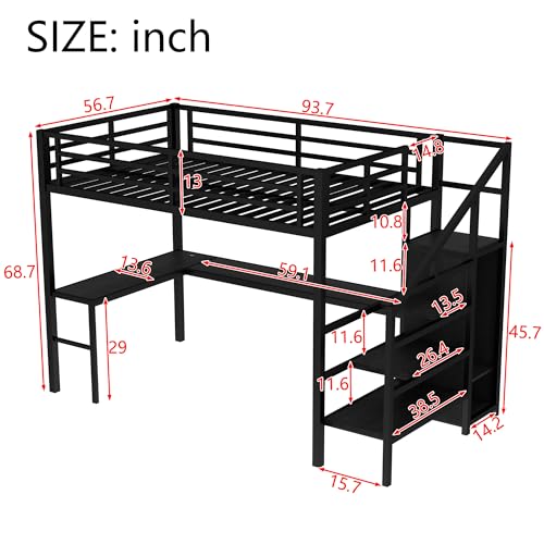 Full Size Metal Loft Bed with L-shaped Desk and Wardrobe A84348