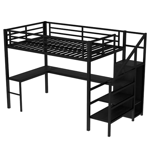 Full Size Metal Loft Bed with L-shaped Desk and Wardrobe A84348