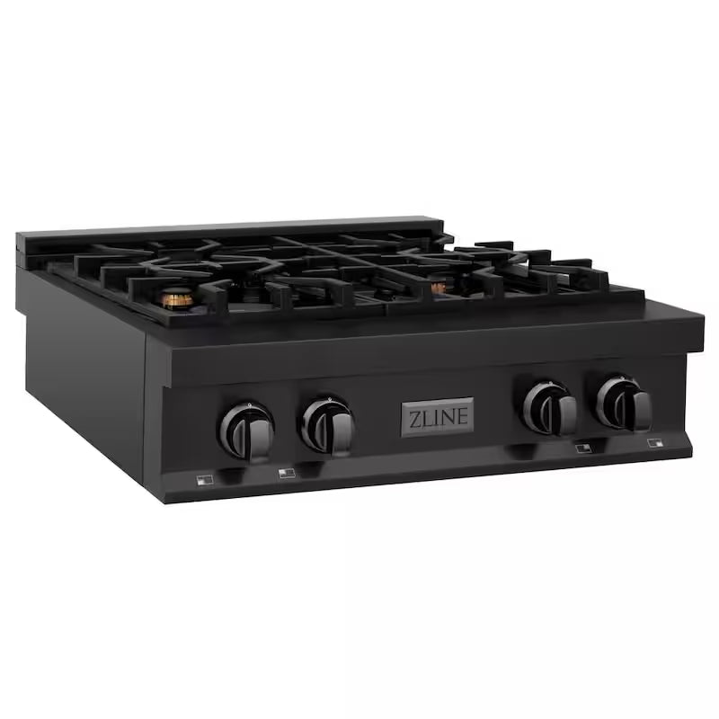 4 Burner Gas Cooktop with Brass Burners in Black Stainless Steel Q25025