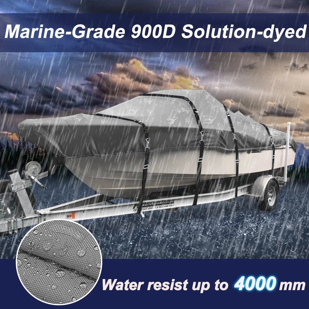Trailerable Waterproof Heavy Duty Boat Cover for V-Hull, Tri-Hull, Runabout, 16'-18.5' Long, Gray U950