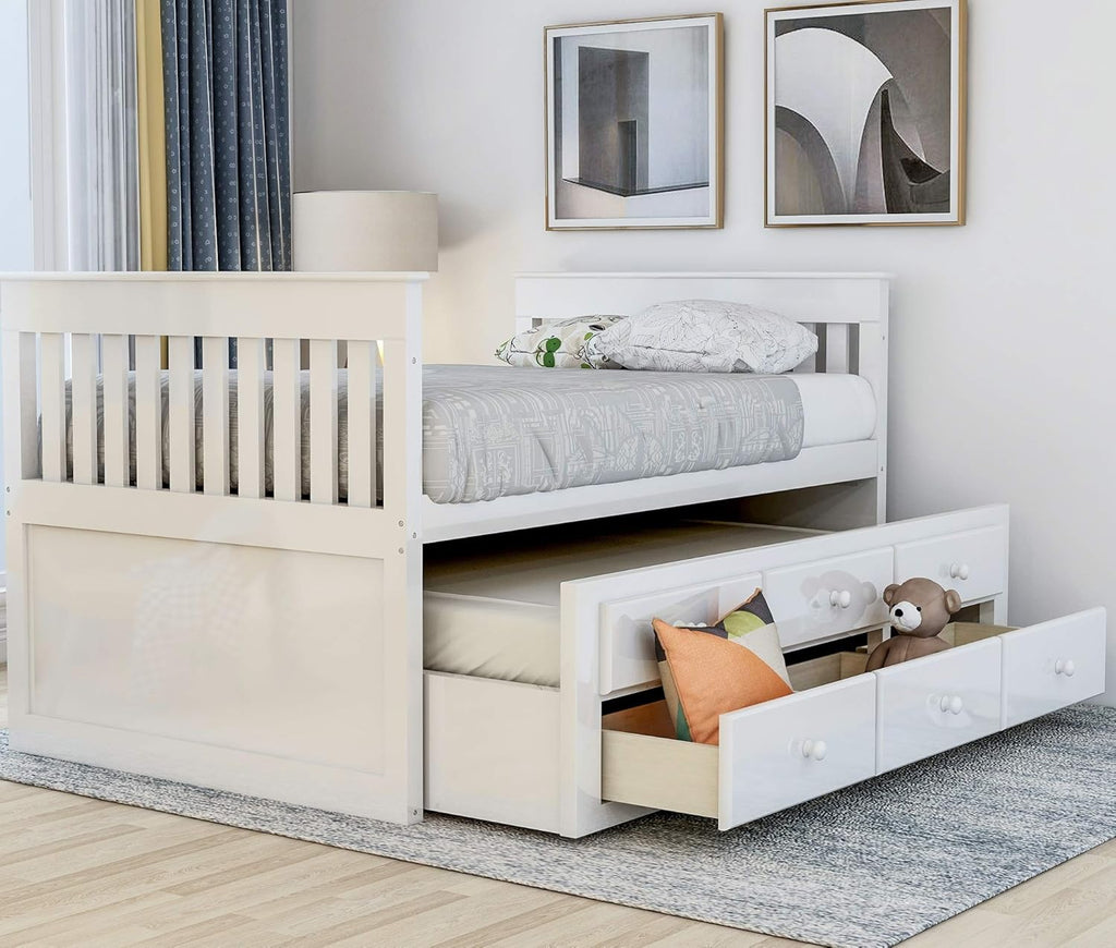 White Twin Captain's Bed Storage Daybed with Trundle and Drawers Z69829