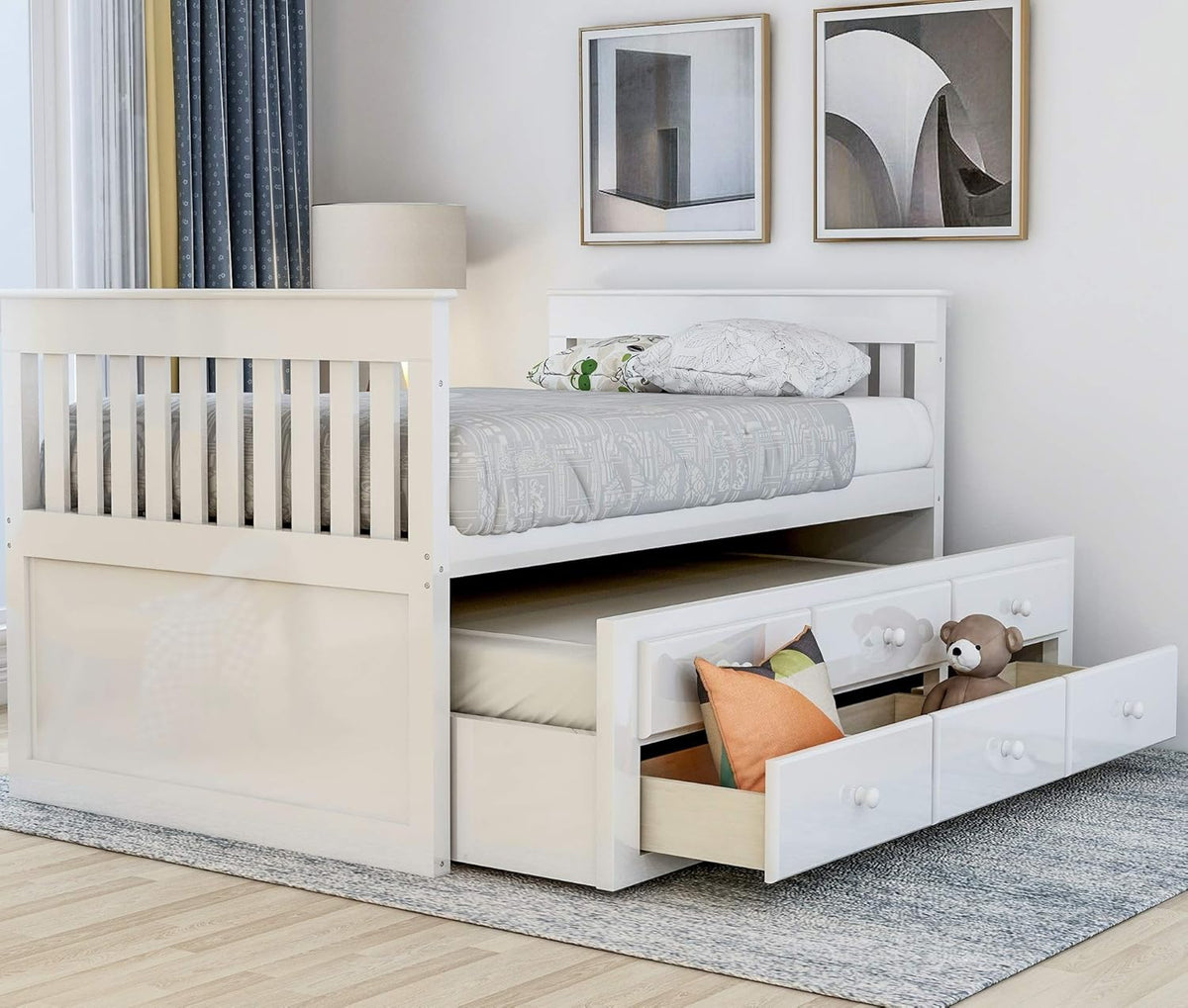 White Twin Captain's Bed Storage Daybed with Trundle and Drawers Z69829